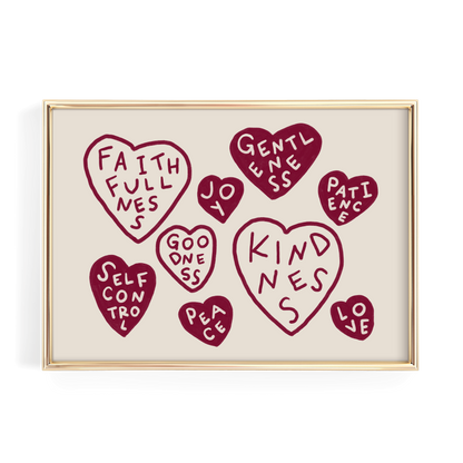 a collection of heart-shaped illustrations with various words written on them, arranged in a frame.