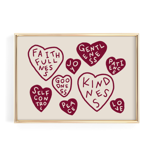 a collection of heart-shaped illustrations with various words written on them, arranged in a frame.
