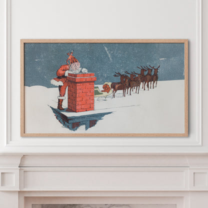 Santa and Reindeer Coming Down Chimney