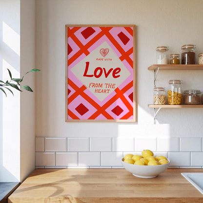 Kitchen Wall Art | Made With Love From The Heart | Pink Retro Kitchen Print