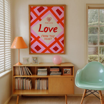 Kitchen Wall Art | Made With Love From The Heart | Pink Retro Kitchen Print