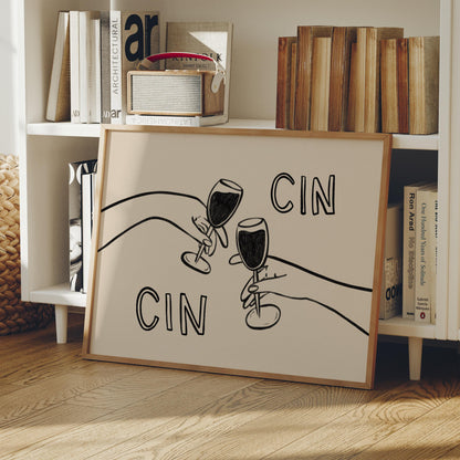 Cin Cin Cheers Print | Wine Glass Wall Art | Minimalist Line Art | Bar Cart Decor
