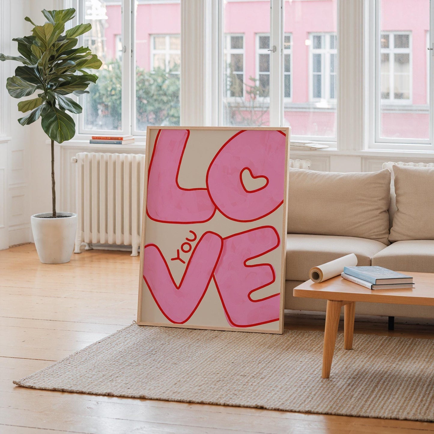 Love You Wall Art | Pink Bubble Letter Print | Valentine Decor for Bedroom