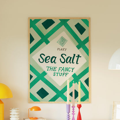 Maldon Sea Salt Print | Green Kitchen Decor | Retro Pantry Wall Art | Chef Gift