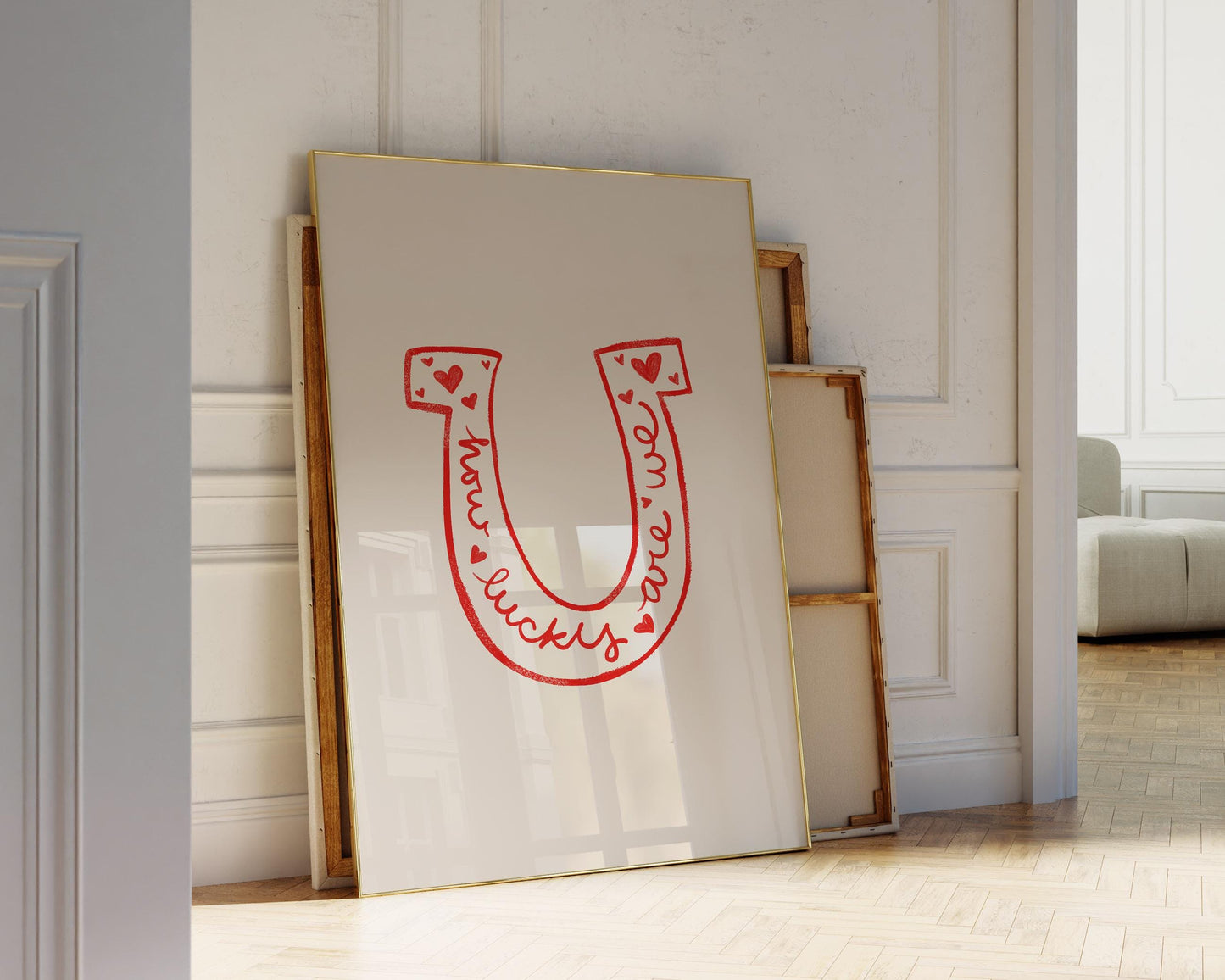 Lucky Quote Horseshoe Wall Art | Red Bedroom Decor | Romantic Print Illustration