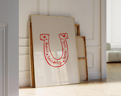 Lucky Quote Horseshoe Wall Art | Red Bedroom Decor | Romantic Print Illustration