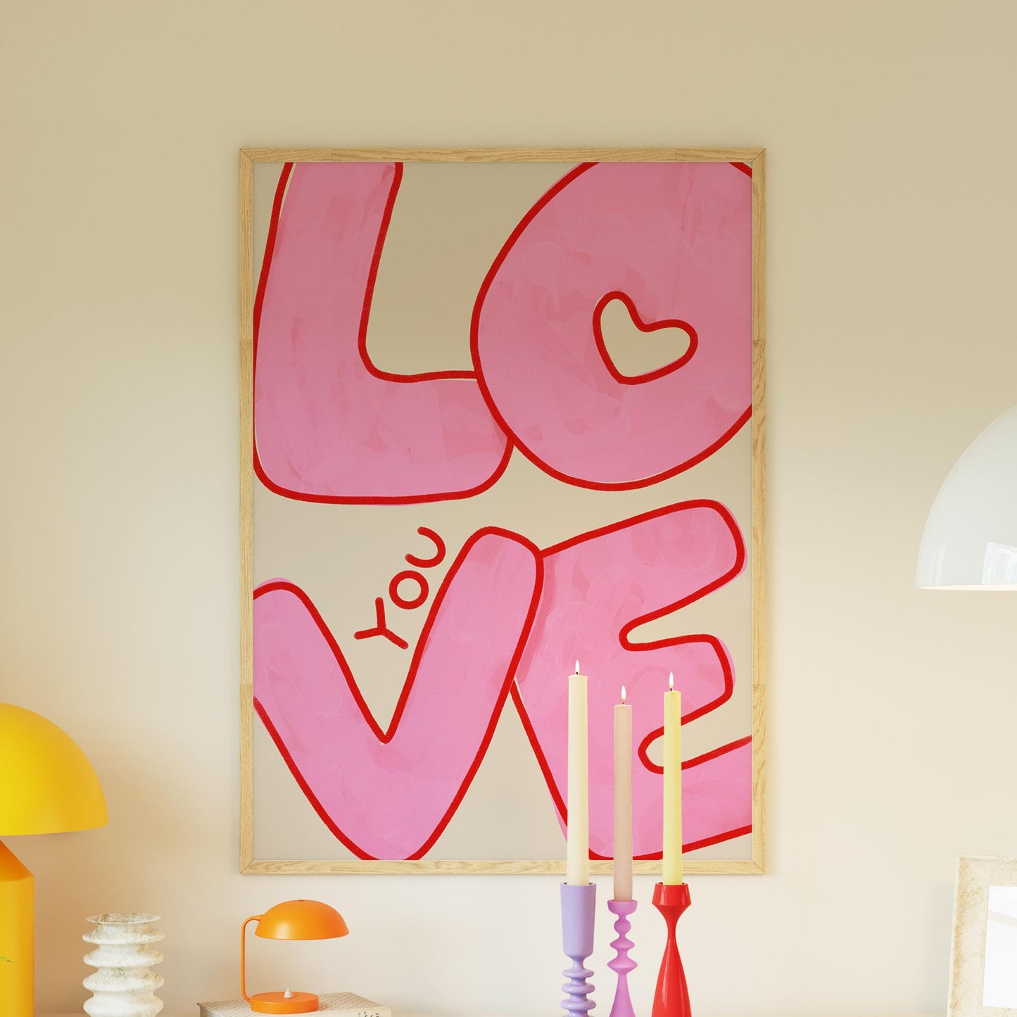 Love You Wall Art | Pink Bubble Letter Print | Valentine Decor for Bedroom