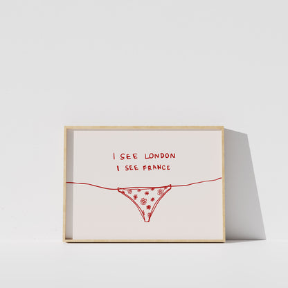 The image is a framed artwork with a simple design featuring a red patterned object, possibly a underwear or a bikini, and the text "I SEE LONDON I SEE FRANCE" written on it.