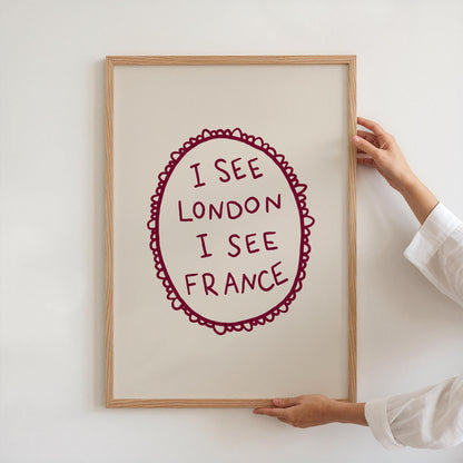 I See London I See France Print | Funny Bathroom Decor | Cheeky Wall Art | Burgundy