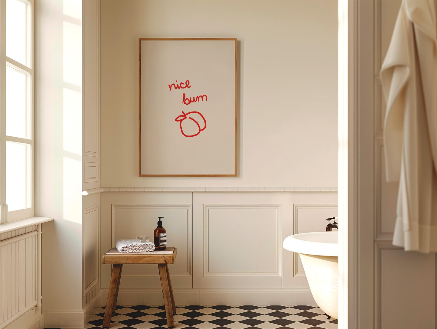 Cheeky Nice Bum Peach Print | Red Bathroom Wall Art | Funny Guest Bath Decor