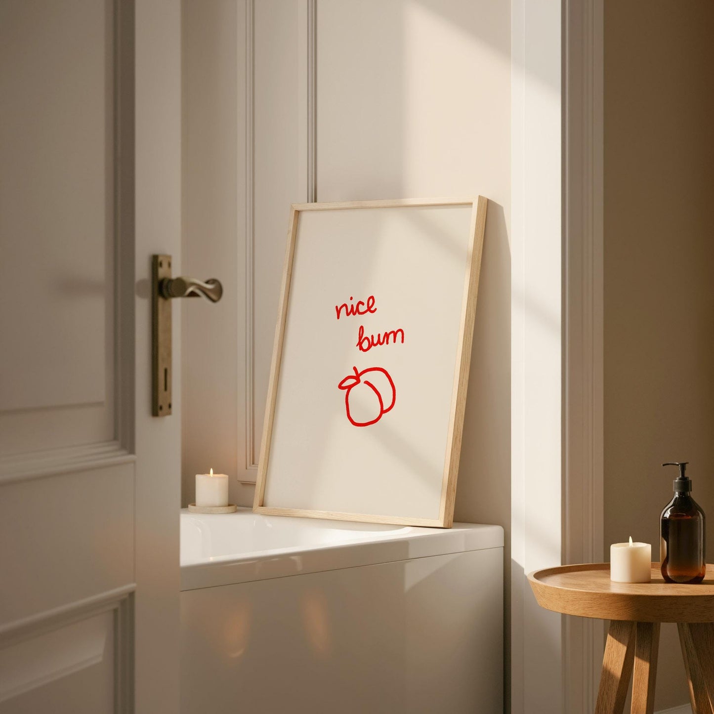 Cheeky Nice Bum Peach Print | Red Bathroom Wall Art | Funny Guest Bath Decor