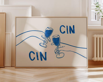 Cin Cin Cheers Print | Blue Wine Illustration | Modern Cocktail Art for Bar Cart Decor