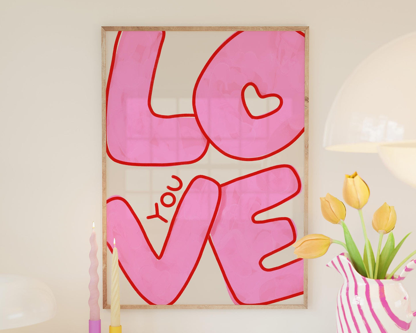 Love You Wall Art | Pink Bubble Letter Print | Valentine Decor for Bedroom