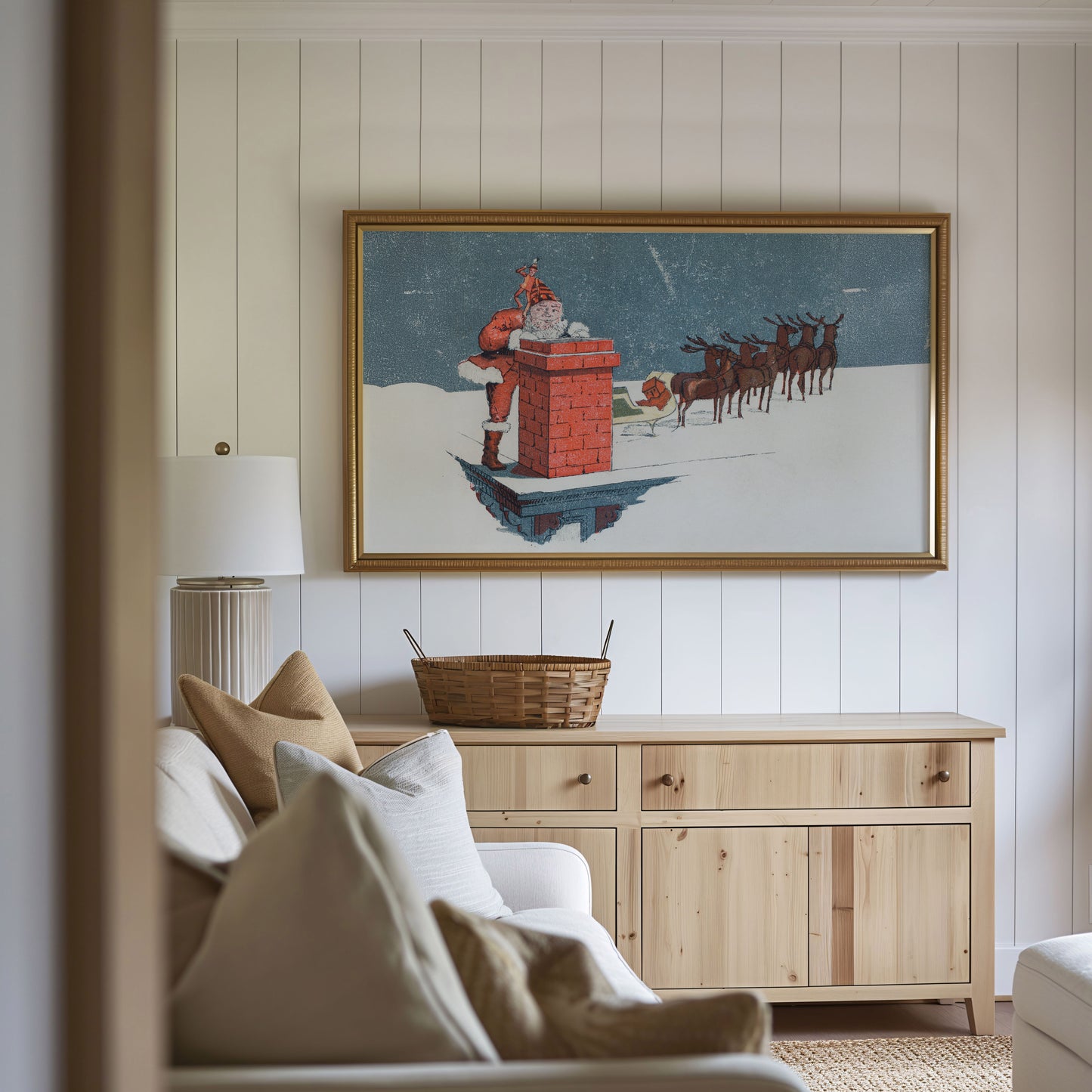 Santa and Reindeer Coming Down Chimney