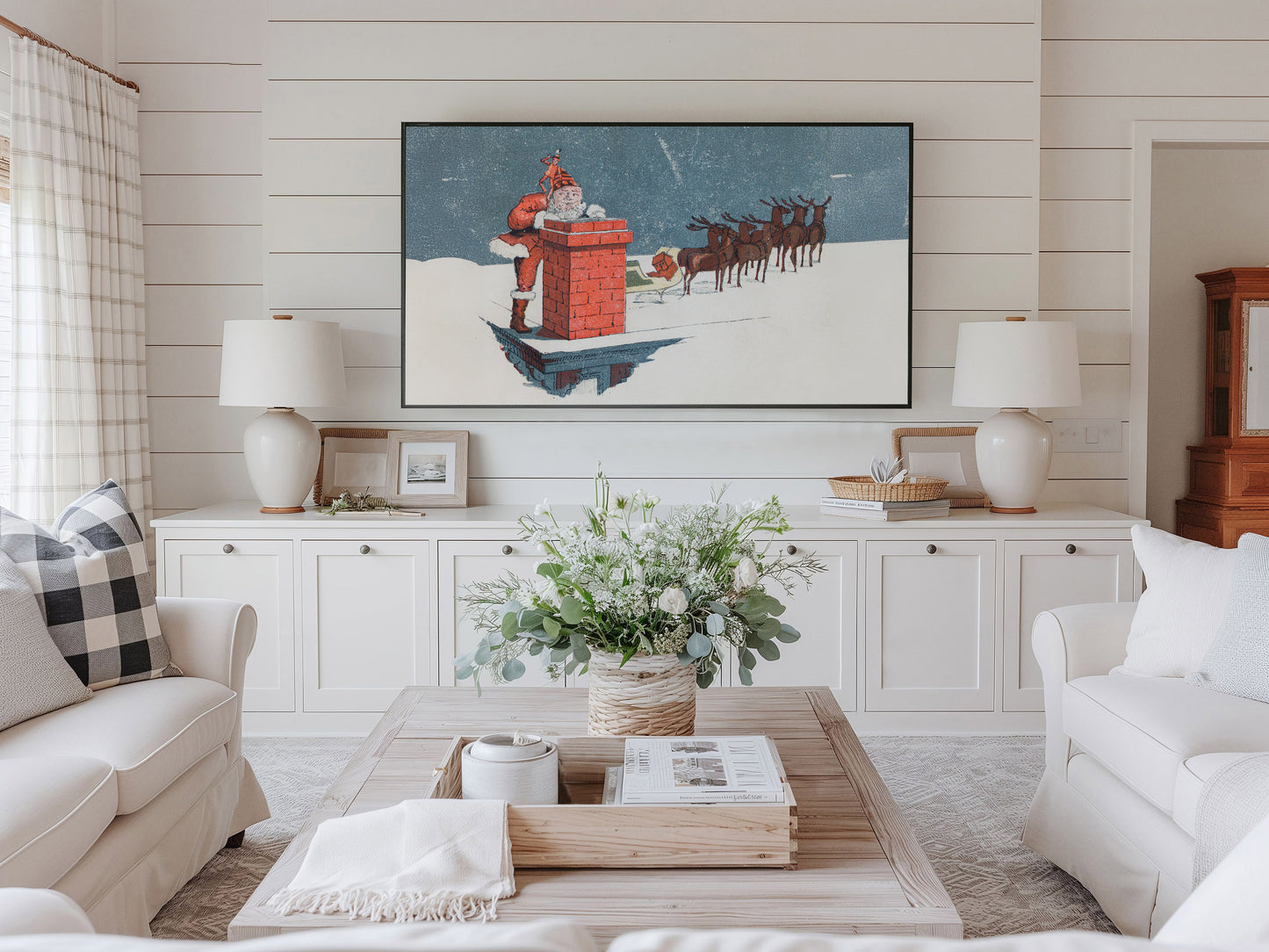 Santa and Reindeer Coming Down Chimney