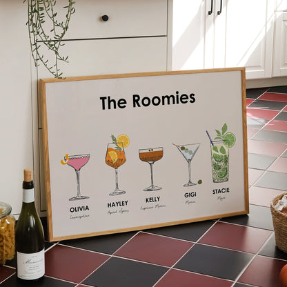 Custom Roommate Cocktail Drink Print | Style 01 (5 People) | Horizontal Bar Cart Decor