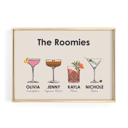 Custom Roommate Cocktail Drink Print | Style 01 (2-4 People) | Horizontal Bar Cart Decor