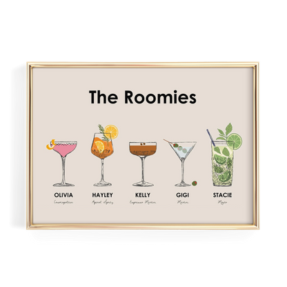 Custom Roommate Cocktail Drink Print | Style 01 (5 People) | Horizontal Bar Cart Decor
