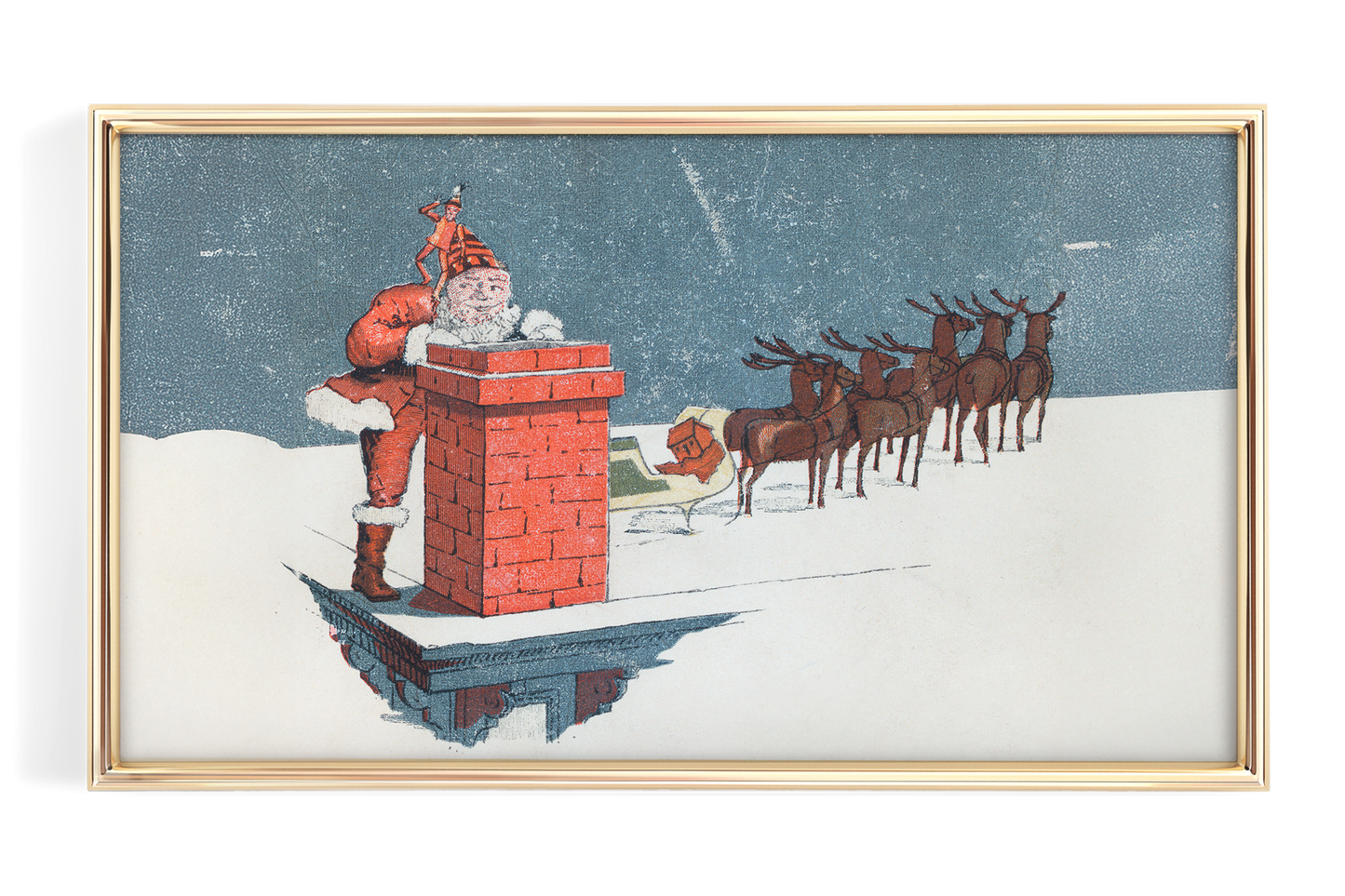 Santa and Reindeer Coming Down Chimney