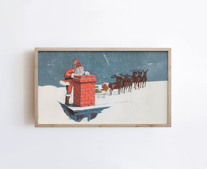 Santa and Reindeer Coming Down Chimney